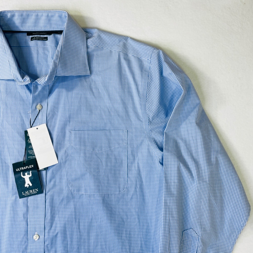 NWT Lauren Ralph Lauren Men Ultraflex Dress Shirt Blue Gingham Non-Iron 17.5 - Picture 6 of 10